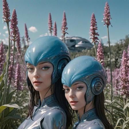 A close-up portrait photograph, The sexy and sassy brunette blue skin, horny alien twins. Their luxury interstellar starship behind them, flower field and ayahuasca, 1970s science fiction b-movie, technicolor, 3d stereoscopic view-master image, Polyacrylic resin, glossy, melted plastic, stretched rubber faces, Leica M3
