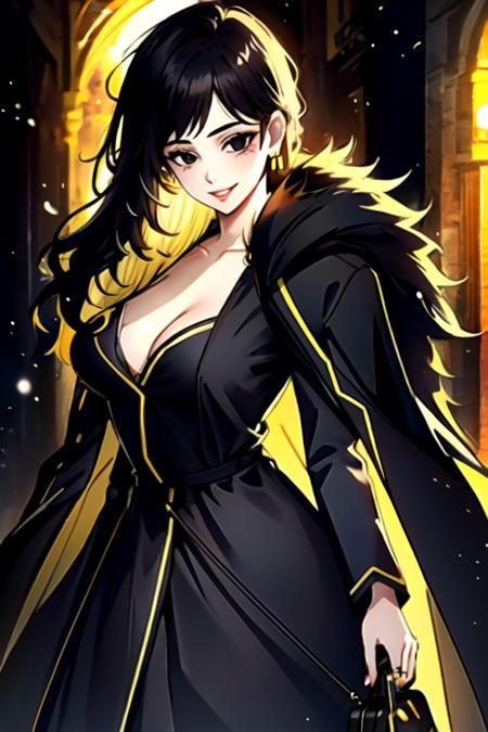 
binah, 1girl, jewelry, solo, black hair, breasts, earrings, dress, long hair, ring, looking at viewer, cleavage, black eyes, fur trim, black dress, multicolored hair, smile, blonde hair, parted lips, long sleeves, standing, coat