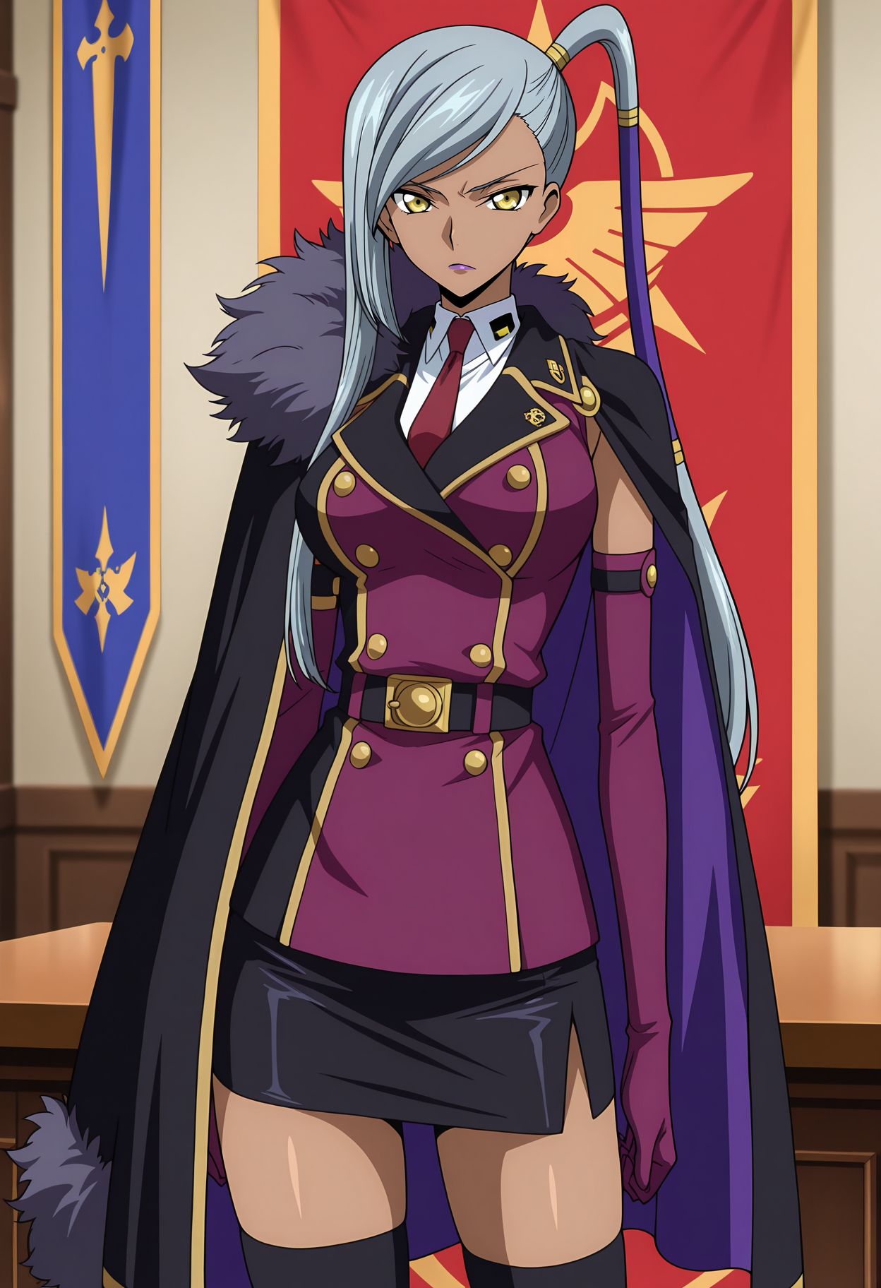 A woman with long, silver hair styled in a high ponytail and striking yellow eyes stands confidently. She is wearing a formal military-style uniform, which includes a purple, double-breasted jacket with gold buttons and trim, a white collared shirt, and a red tie. A dark, fur-collared cape drapes over her shoulders, lined with purple. The uniform also comprises a short, dark skirt, dark thigh-high stockings, and matching purple gloves. Behind her, a table and two banners are visible, suggesting a formal or official environment.