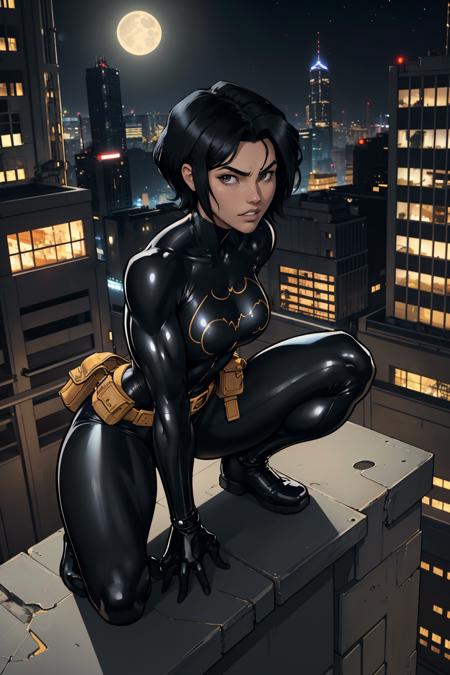 masterpiece, best quality, <lora:cassandracain-nvwls-v1-000009:0.9> cassandra, black hair, short hair, bodysuit, black bodysuit, black pants, black gloves, belt, belt pouch, medium breasts, crouching, night, cityscape, looking at viewer, from above, clenched teeth, furrowed brow