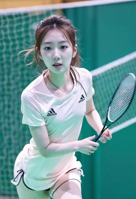 <lora:wangxiaoyu:0.85>,  (photorealistic:1.3, realistic), (see through, Badminton sportswear, small breast), (1girl, solo),  21-years-old chinese girl, pureerosface_v1, indoor, badminton court background, protrait, highres, best quality, lighting, running on court, black eyes, long hair, (looking at viewer), blurry background