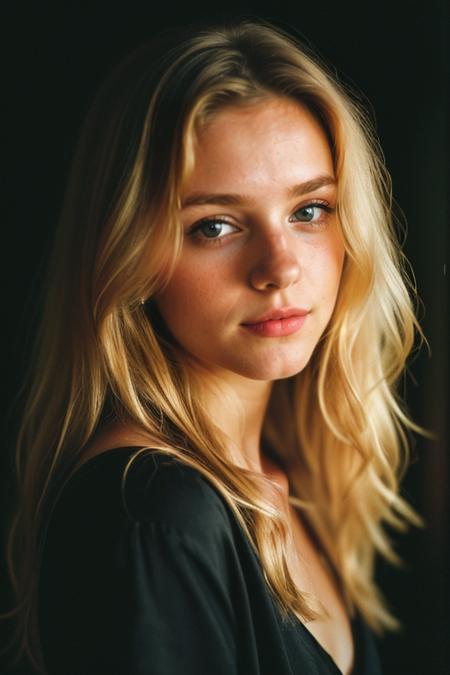 analog photo,silhouette,spotlight,close up portrait,
a beautiful cute petite young German woman, 19 years old,highly detailed face, blonde, long curls,
seducing facial expression,wearing v-neck shirt, dark background,warm colors,
RAW candid cinema,16mm,color graded portra 400 film,remarkable color,ultra realistic,