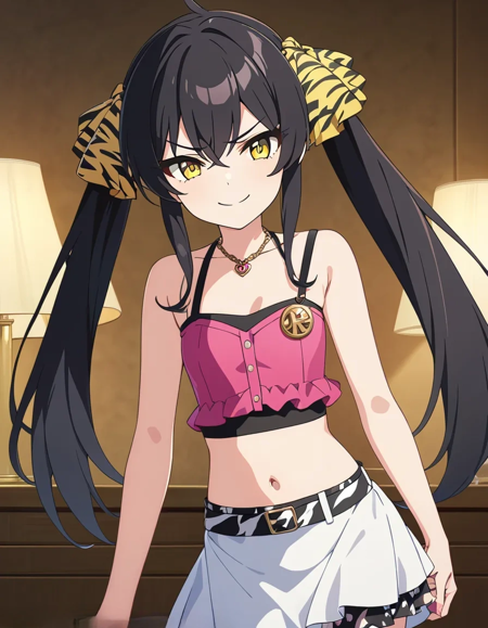 mtbrisa_AA,matoba risa, twintails, black hair, long hair, bangs, yellow eyes, v-shaped eyebrows, yellow ribbon, pink camisole,white skirt,animal print,belt, navel,collarbone mtbrisa_BB,matoba risa, twintails, black hair, long hair, bangs, yellow eyes, v-shaped eyebrows, white sports bra, red ribbon,truck pants,navel