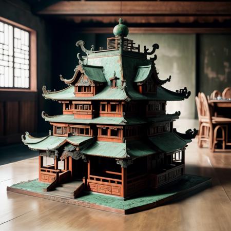 a (bronzecd) chinese building, building model, (solo:1.2), <lora:bronzecd-000010:0.7>, no humans, high quality, masterpiece, realistic, photorealistic, (indoors, on table:1.2)