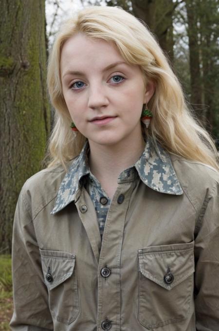a beautiful picture of lunaLovegood,woman,blue eyes, blonde,  detailed skin texture,masterpiece, photorealistic, RAW color photo,(fully in frame:1.1), (goosebumps:0.5),outdoors,forest,wearing a (military:1.4) uniform,uppper body,looking at viewer,   <lora:lunaLovegood2:1>