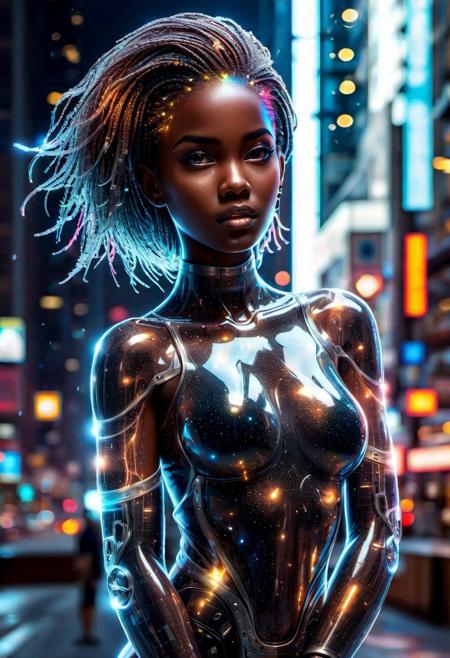 masterpiece, dynamic pose, a gorgeous (dark skin) girl over a future cityscape, depth of field, oversized shirt, off one shoulder, (shiny skin:1.4), cold lighting, detailed face, clear eyes, depth of field, messy hair, (intricate), machines, navel piercing, shy, mechanical parts, mechanical legs, glowing eyes, detailed eyes, detailed background, neon trim, neon lights made out of ral-czmcrnbw <lora:ral-czmcrnbw-sdxl:1>