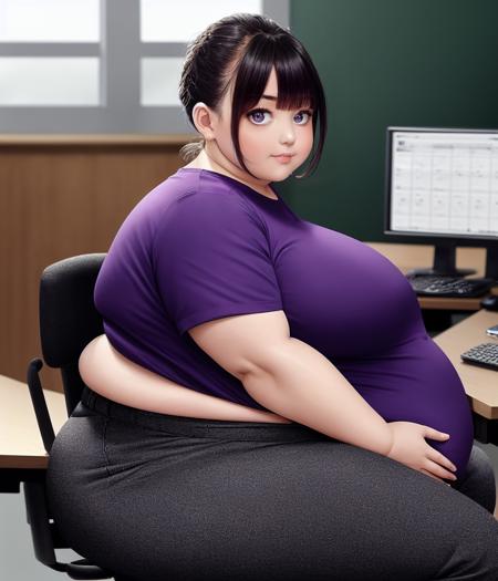 1girl, breasts, fat, thick thighs, solo, thighs, looking at viewer, indoors, purple eyes, workplace, chair, work desk, work clothes, tight clothes, purple top, black jeans, sitting