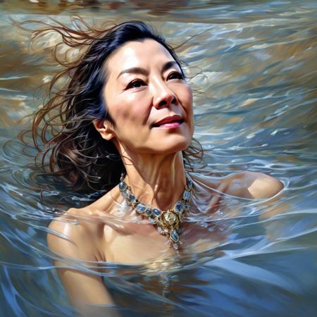 Portrait of a beautiful michelle yeoh , drenched body, emerging from the water, dark fantasy, regal, fractal crystal, fractal gemstones, by stanley artgerm lau, thomas kindkade, loish, norman rockwell