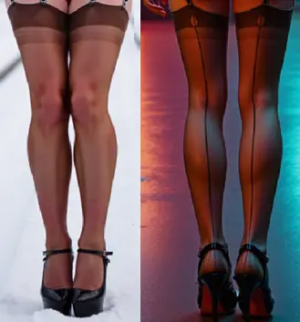 Nude in garters - tan / brown colored fully fashioned stockings