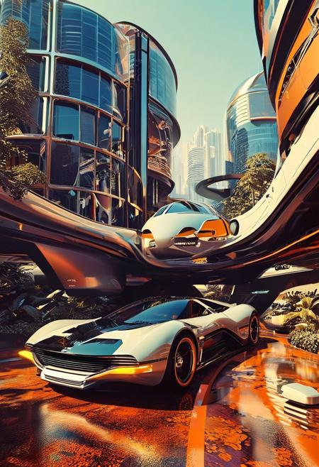 ((70's retrofutursim with Syd Mead art style)), psychedelic world 70's collide with a futuristic vision. a fusion of Vasarely art, Bertone concept vehicles, and sleek architecture, iconic art style of Syd Mead.  blend of retro aesthetics and futuristic utopia, monocoque monorail, a unique realm that is both nostalgic and visionary, futuristic flying car, Blade Runner spinner