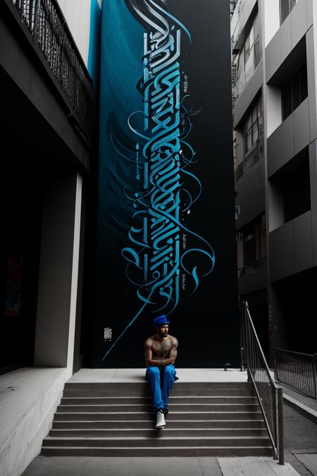 masterpiece, calligraphy art, body art abstract poster on the modern street, concrete jungle, handrail, blue theme, artistic photography <lora:Calligraphy art:0.7>