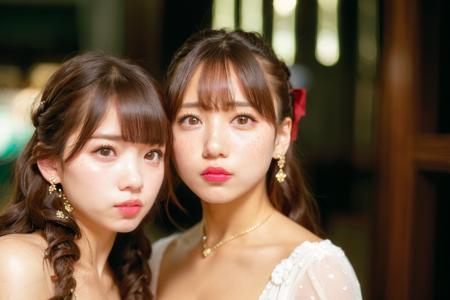 2girls, saito kyoko,  two girls, two women,<lora:SaitoKyoko_v1:0.8>, <lora:koreanDollLikeness_v15:0.1>,masterpiece, (photorealistic:1.4), best quality, beautiful lighting,cinema lights,film grain,jewelry, blurry, necklace, earrings, indoors, bangs, lips, cheek-to-cheek, freckles, ribbon, bow, twintails, multiple girls, looking at viewer, long hair, blonde hair,  brown hair , depth of field, blurry background, heads together, closed mouth, brown eyes,  hair ribbon, upper body, parted lips, hair bow, black eyes, bare shoulders,