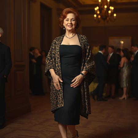 full body shot masterpiece portrait of a woman::1.4, Norman Rockwell style::1.2, realistic impressionist art::1.1,
(physical description: mature woman,red hair, light skin, confident posture, chubby build:1.1)
(facial features, expression: elegant, poised, subtle smile:1.0)
(clothing details: black strapless dress paired with a leopard print kimono-style jacket, black platform sandals:1.0)
(accessories: minimal or no jewelry, natural makeup for an evening gala look:0.9)
(background setting: evening gala event at, subtle crowd and venue details:0.9)
(lighting style: warm, soft evening event lighting, highlights on dress textures and jacket pattern:0.8)
(composition and camera framing: three-quarter length portrait, subject centered, slight angle to highlight outfit:1.0)
(emotional tone or theme: stylish, refined, celebratory mood:0.9)
(technical execution: oil painting texture, rich detail on fabric patterns and folds, balanced warm contrast:0.8)
