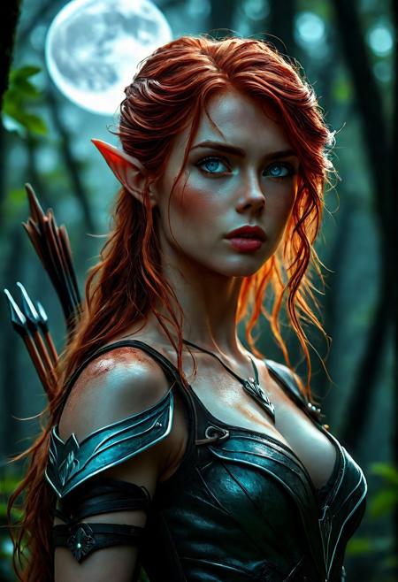 High resolution of ultra-realistic Beautiful Elven Archer girl, ultra-realistic body, perfect athletic body, Attractive Elf girl, artgem, WLOP, standing in the middle of a dark forest, beautiful Sadie Sink as Elf Archer girl, night of the full moon, realistic elven leather armour, defiant and seductive, covered in dirty and blood, cinematic colors Lighting, extremely detailed, 8K, wavy red hair, realistic dirty pale face, realistic blue eyes, beautiful Elf girl on in dark fantasy cool outfit, hyper-detailed, hyper-realistic, Attractive 21 old years Elf woman, Attractive, beautiful firm Breasts, wet and sweaty skin, Dark fantasy style, Dark fantasy atmosphere, sharp focus, digital painting, Photograph Taken on Nikon D750, Alphonse Mucha, 8K, athletic figure, Hyperdetailed, hyperrealism, attractive woman, beautiful woman of athletic body, Attractive bust girl, asymmetric balance
