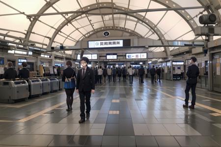 best quality, ultra-detailed, illustration,
1girl, glasses, school uniform, bag, jacket, holding, smartphone,
multiple girls, multiple boys, crowd, 
kaisatsu, automatic ticket gate, train station, scenery, sign, real world location, indoors, ceiling
 <lora:kokusai_tenjijyo_eki_SD15_V1_DIM4:1>