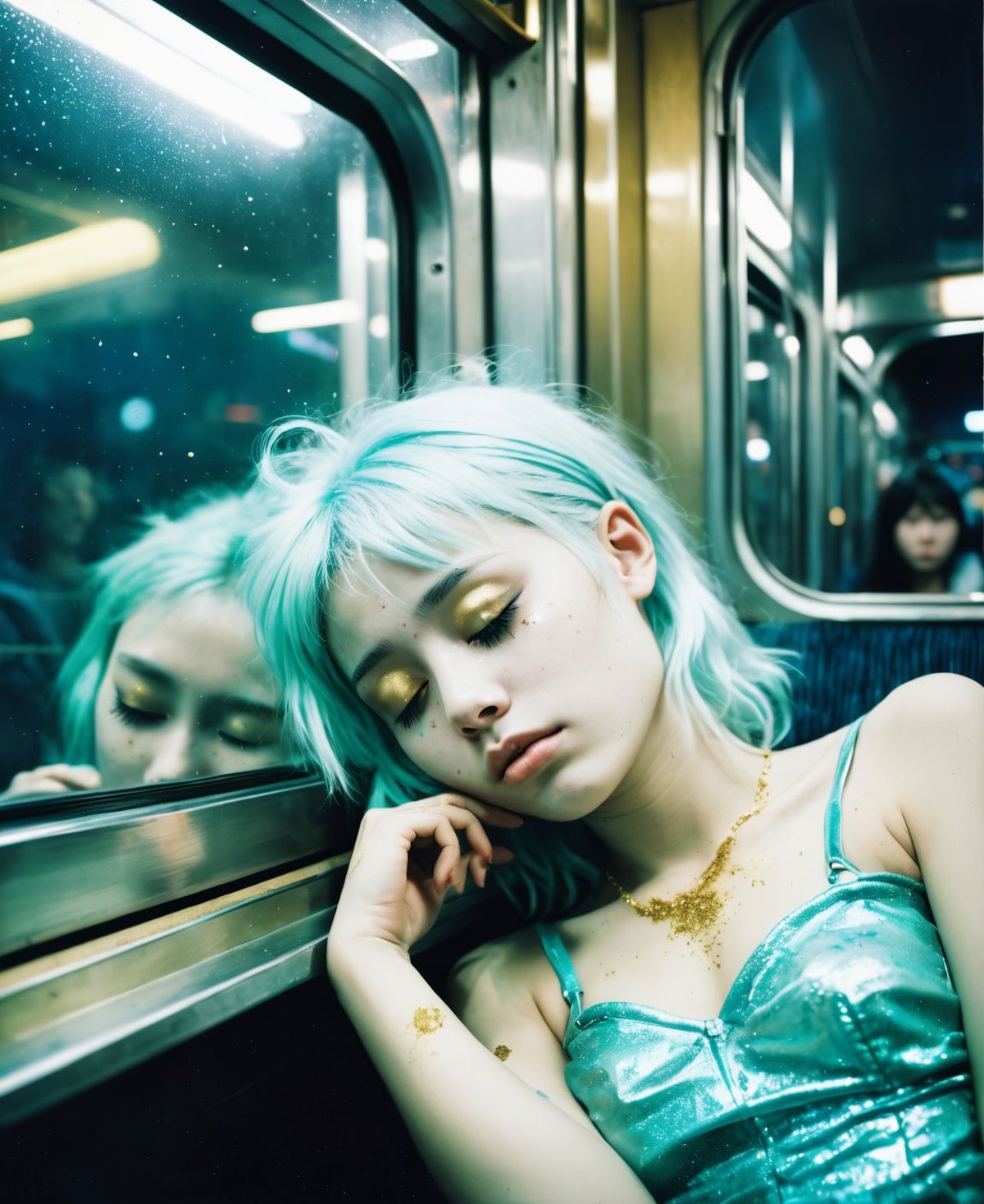 candid snapshot of a young alien girl with (aqua-coloured skin and with golden dust:1.2) and with white hair as a tired pa...