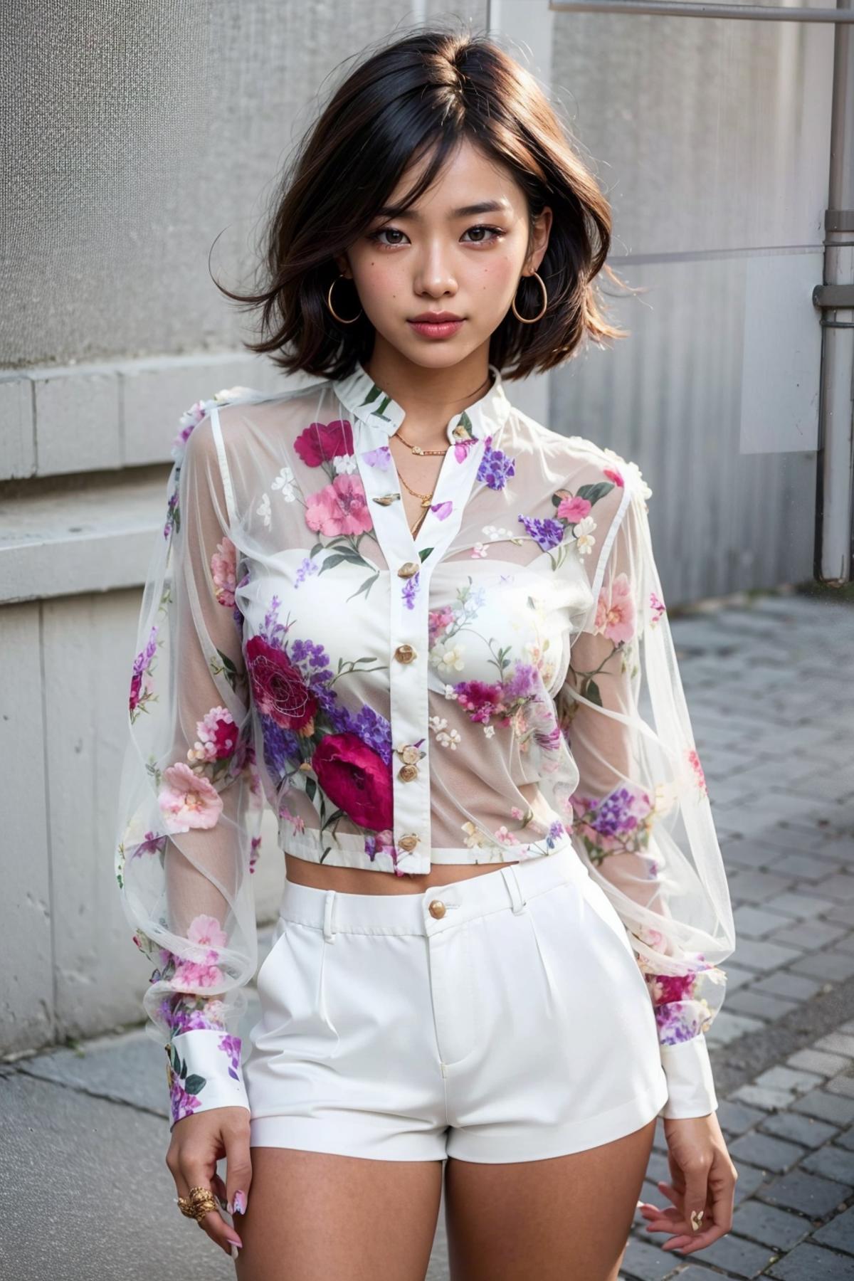 Sheer Floral Shirt & White Shorts image by feetie