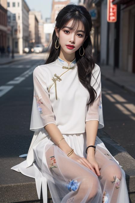 ltra-detailed,highly detailed,best quality,masterpiece,illustration,realistic,
mgftangzhuang, 1girl, solo,cowboy shot, 
chinese clothes,shirt,hair ribbon,short sleeves, see-through sleeves, long skirt, strappy heels, 
white shirt, print clothes,
hair ornament,  jewelry,  earrings, 
looking at viewer, dynamic pose, sitting, cafe, 
photo background, outdoors,cityscape, building, street,
long hair, hair over shoulder, bangs,
 <lora:mgftangzhuang_v1_03:0.7>