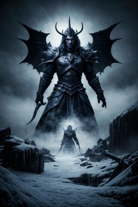 (dark mood masterpiece Photography by Gregory Crewdson:1.2),high quality, 8K Ultra HD, Ultra-high quality photos, (Extremely detailed), High quality photos, RAW photo, (photorealistic:1.4), 
Arthas Menethil as the Lich King, atop the Frozen Throne, ice and dark steel armor, Frostmourne glowing, blue fire eyes, crown of icy horns, spirits of the damned swirling, frozen landscape of Icecrown. (detailed, dark fantasy, high resolution, epic atmosphere),
dramatic lighting, atmospheric lighting, rembrandt lighting, full depth of field and realistic textures, colorful, atmospheric haze, Film grain, cinematic film still, highly detailed, high budget, cinemascope, moody, epic, gorgeous,photorealistic, candid camera, color graded cinematic, eye catchlights, atmospheric lighting, imperfections, natural, shallow dof,
 <lora:add_detail:1>,  Style-Volumetric