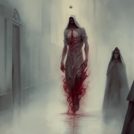 (Art by Peter Morbacher:1.3) The abstract concept of evil and malevolence, foreboding atmosphere, blood, darkness, scary, horror, <lora:sd_xl_offset_example-lora_1.0:1>, <lora:Angelarium_v1.1_SDXL-step00003000:1>