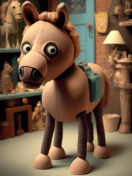 <lora:CLAYMATION:1>life-size toy horse with realistic eyes by maurice sendak