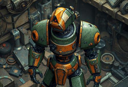 Steampunk Ancient Gear bot soldier, green & orange, junk box setting. Cylindrical body, triangular head, antennae. Red eyes, tilted head. Isometric, dynamic pose. Splash ink illustration, octane render, Unreal Engine 5, Raphael style. Cinematic lighting, trending on Artstation, ArtstationHQ, CGSociety. 4k, highly detailed, golden ratio.