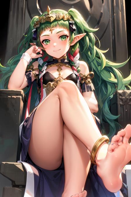 masterpiece, best quality, <lora:sothis:1>,1girl, ribbon braid, barefoot, feet, solo, green eyes, green hair, long hair, braid, tiara, soles, throne, toes, twin braids, foot focus, smile, sitting, pointy ears, closed mouth, anklet, hair ribbon, ribbon, hair ornament, side braid, crossed legs, looking at viewer, jewelry, foreshortening