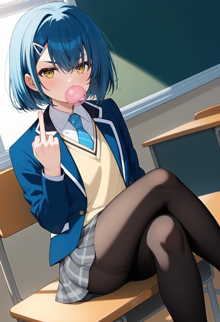 aayuuhi, short hair, blue hair, hair ornament, yellow eyes, mole under eye, school uniform, blue necktie, collared shirt, yellow sweater, blazer, blue jacket, open jacket, long sleeves, plaid skirt, grey skirt, black pantyhose