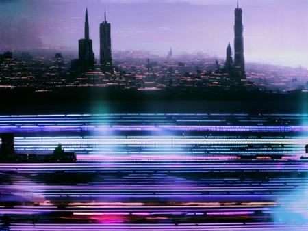 cinematic movie still of an epic scene of a glitch big city skyline, fog atmosphere, volumetrics, from a western movie, in the winter, kodak portra, cinematic lighting, digital painting, betacam