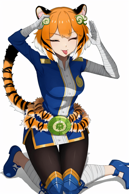 tigermortar, simple background, white background, one eye closed, tongue, tongue out, orange hair, shadow, bandages, blue footwear, salute, tiger ears, tiger tail, ;p