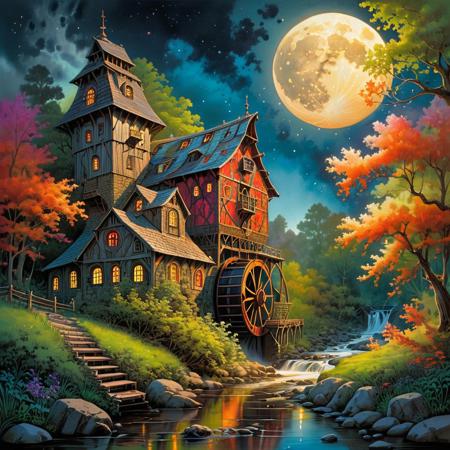 Zentangle extreme effect, landscape with Variegated splashes of color,
big full moon, a fantastic high watermill nestled in a rushing stream inside woodland forest, casting dynamic lighting, detailed architecture, 
fantastical surrealism by Daniel Merriam, Joe Fenton,
ral-cnvctncrnts  <lora:ral-cnvctncrnts:0.25>,
painted world <lora:Painted World:0.5>,
fractalvines  <lora:Fractal_Vines:0.6>