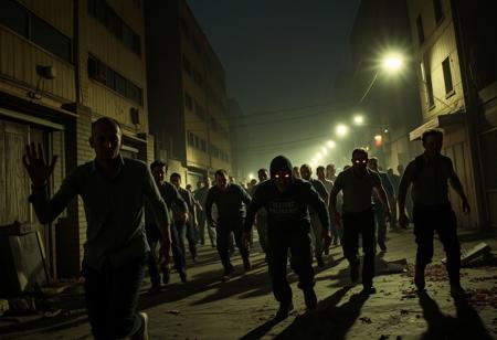 photo , Film Still, Cinematic ,Blanco Brown - 7 days to die, Zombies hoard attack suriviors, urban decay, glowing eyes, in every shadow death does embark