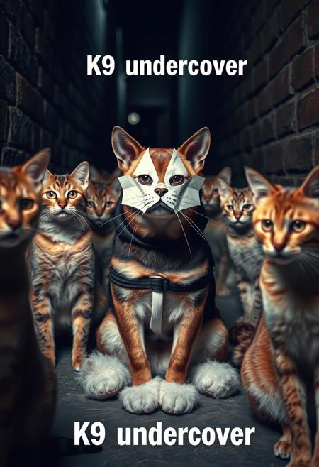 undercover dog cop in cat costume among a group of wild cats in a dark alleyway, the dog is wearing a paper cat mask, fluffy shoes resembling cat paws and a fleece cat tail, with text that reads: "K9 undercover"