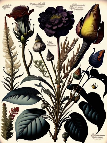 <lora:CenturyBotanicalIllustration:1>different types of psychedelic flowers, botanical illustration, white background, style of Pierre-Joseph Redoute