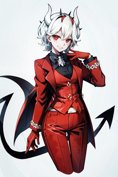 <lora:beelzebub:0.7>beelzebub(helltaker), freckles, white background, tail, 1girl, pants, suit, cropped legs, looking at viewer, red eyes, demon horns, white hair, vest, shirt, formal, waistcoat, demon tail, smile, earrings, demon girl, red gloves, gloves, jewelry, simple background, horns, white horns, solo, business suit, short hair