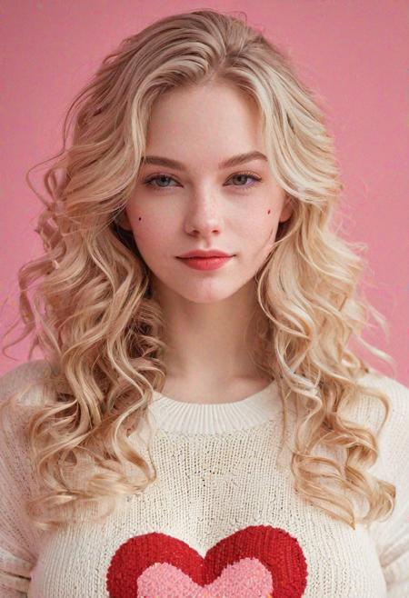 ASCII oil portrait of a girl with extremely massive breasts, (nipple outline, pokies under shirt), long blonde wavy hair, extremely beautiful woman, narrow face, model, Valentine?s Day, hearts, love, red and white clothing, wearing tight sweater, simple background, pink gradient background, pale skin, white girl, detailed skin, looking at viewer, small smile, cinematic, great shading, moody slighting, (by Hope Gangloff:1), evalyn_noexist