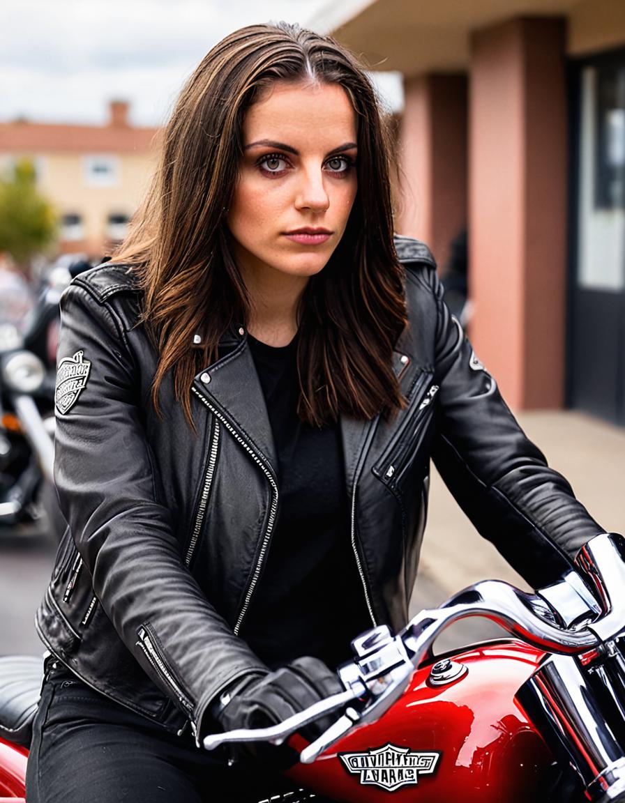 <lora:m1r4mur4t1_SDXL_SGX:0.9>,(medium closeup) photograph of (beautiful 25 year old) (m1r4mur4t1:1.2) woman with dark hair,in a motorcycle gang,wearing a (black leather jacket with word 'civitai') over a (red shirt and black pants:1.1),sitting on a (harley davidson chopper motorcycle),in front of a biker bar, with motorcycles parked in the background,face focus,(bokeh),facing viewer,rich details,clear shadows and highlights,realistic,highly detailed,