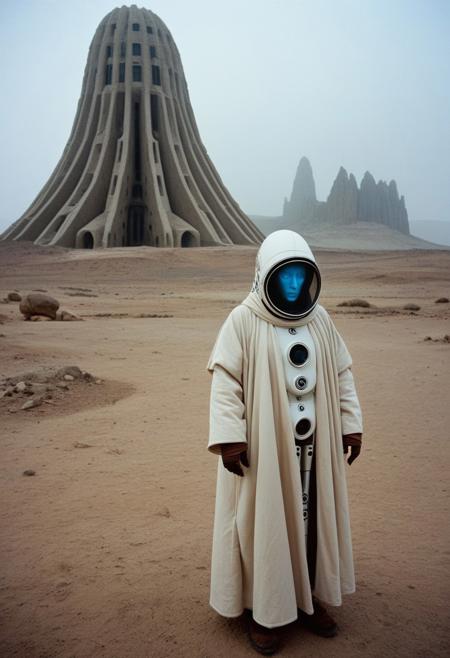 Colour film 35mm 1976, rule of thirds, right, down, monster:0.5 (close-up, portrait of bizarre robotic organism in robe, dark dystopian desert landscape), a giant futuristic building in rock city in the background, liminal space, fog