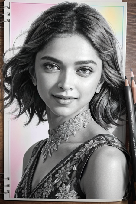 masterpiece, best quality, DeepikaPadukone, smiling, by [__artist-nude__:Agnes Lawrence Pelton:0.56], intricate realistic, pencil drawing, notebook, rainbow color splash, caricature <lora:DeepikaPadukone:1>