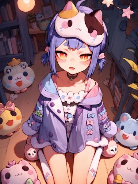 wazi,solo,virtual youtuber,long hair,coat,short hair,blue hair,orange eyes,bow,white dress,twintails,animal on head,purple hair,choker,hair ornament,frilled dress,fang,collarbone,animal slippers,white background, coat long hair