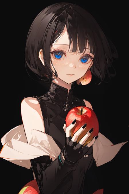 solo, fruit, 1girl, food, apple, short hair, nail polish, blue eyes, holding, black nails, simple background, looking at viewer, holding food, holding fruit, gloves, black hair, fingerless gloves, bare shoulders, grey background, upper body, closed mouth, bangs ,
///////////   <lora:chongzhen-000202:1>, <lora:ç»ä¸½çåå½±:0.2>,<lora:add_detail:0.35>, <lora:adaptedmodel:0.35>