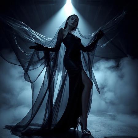 noble norvegian femme fatal lady  posing standing wearing evening GLOSSY THIN BLACK  slime high slit gown, GLOVES  and high heels,   entrapped in  giant long waving  ultrathin transparent fisnet veils, surrounded by  fog from the floor, captured in light beam from celling,  breeding chamber,  ultrathin waisym reminiscent of H.R. Giger, Zdzisław Beksinski, and Ash Thorp's dark, sleek styles, with close-up glamour photography, glossy satin and silver heels glistening, fleshy slime dripping, and dark shadows.