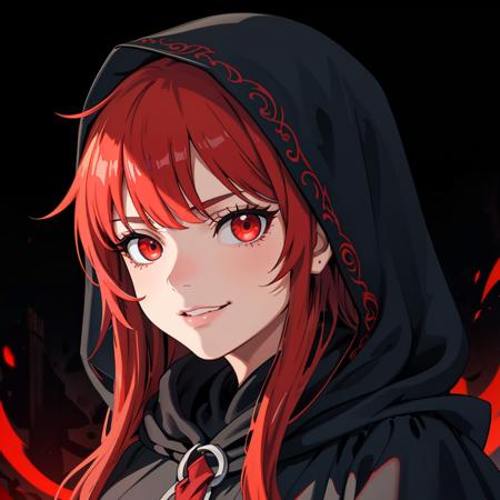 ((Masterpiece, best quality)),edgQuality,smirk,smug, hair inside the hood
edgCultist, 1girl, solo, long hair, looking at viewer, red eyes, red hair, hood, glowing, black background, portrait, glowing eyes, cloak, dark, hooded cloak ,wearing edgCultist_hood,ominous,dark 
 <lora:edgCultistHood:1>