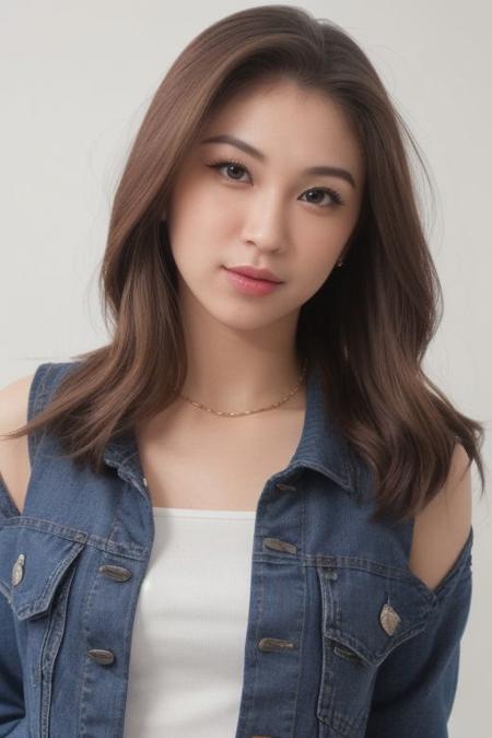 (tanktop, jeans,denim jacket), collar bone, collar cocker, perfect face shape, (perfect eyes, bright eyes, downing eyes, perfect eyes looking, downing eyes),{smirk|parted lips,teeth}), cleavage, (medium breast:1.2), looking at viewer, (shiny skin, pale skin, clear skin), (medium bob hair : 1.2), focus on face, ((white background, simple background)), (make up, blush), (dinamic pose, profesional model pose, naughty pose)