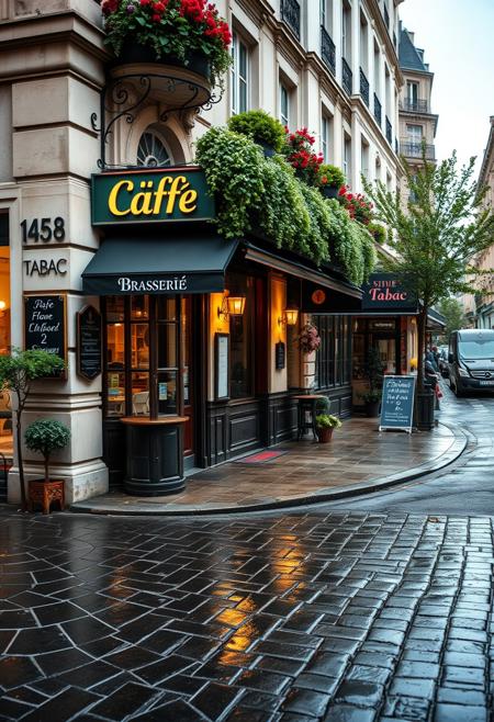 A beautifully lit and composed professional photograph of a Parisian brasserie on a bustling street corner, the restaurant is an oasis from the busy street, tucked in and cozy off the street next to a flower shop, wet cobblestones, high resolution, early morning rain, weathered limestone and details, fine details of plants and trees, ultra realistic modern day scene, early morning sun, the words cafe and tabac are on the sign