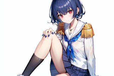 <lora:morino rinze_Loha:1>morino rinze, 1girl, solo, red eyes, skirt, blue hair, white serafuku, blue nails, looking at viewer, white background, nail polish, school uniform, armband, sailor collar, blue neckerchief, socks, sitting, white skirt, simple background, epaulettes, pleated skirt, serafuku, bangs, white sailor collar, neckerchief, kneehighs, shirt, knee up, short hair, long sleeves, black socks, white shirt, hand on own knee, jewelry, necklace, closed mouth