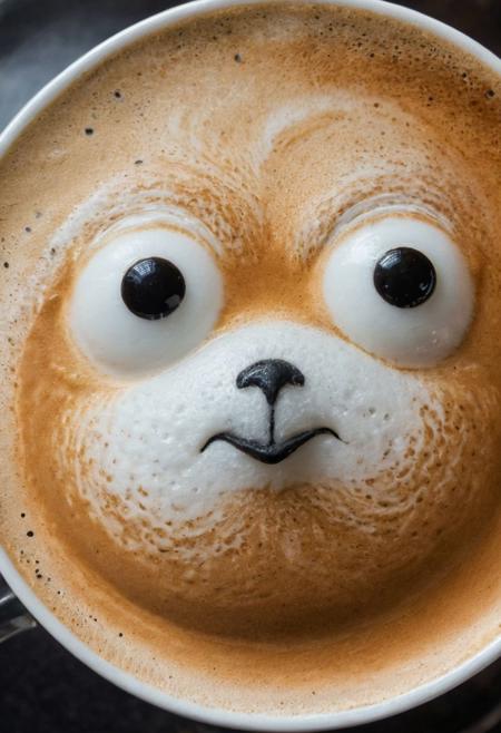 a barista coffee seen from above, the voluminous foam crown resembles a small fat bird with eyes made of foam bubbles, high quality, many details, reflections on the bubbles