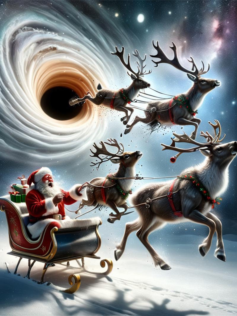 Santa Claus Riding Reindeer Through a Black Hole