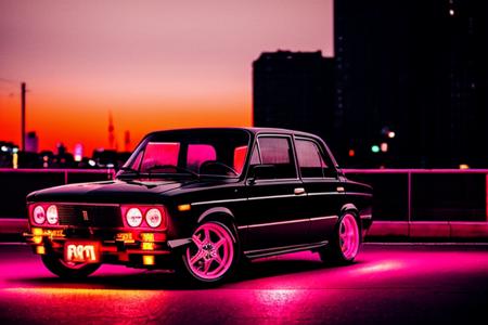 analog style,(((JDM))), A black car drifting on the streets of tokyo at night :: pink sunset and city in the background,Luxyry style,Hyperdetailed, Ultra realistic, cinematic, Neon lighting, Unreal engine, RTX, (VAZ2106),  <lora:VAZ2106:0.8>