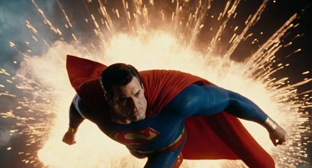 Cinematic Film stock footage in (arri alexa style) Kodak film print,  <lora:Superman:1> Superman a man in a superman costume flying through the air while fiery beams of intensified heat coming out from both eyes